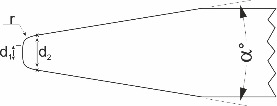 Чертеж фрезы для ЧПУ 3D конусный радиус (радиусная), модель TR6.35/2/1.6